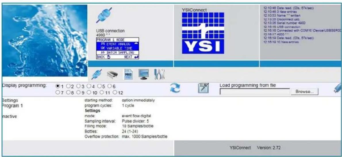 USB connection 4900 "" PROGRAM 1 MODE AL EVENT HMOLOG UR VARIABLE TIME AP SWITCH SHIKLING BACK NEXT Display programming: ●1 ○2 ○3 ○4 ○5 ○6 ○7 ○8 ○9 ○10 ○11 ○12 Settings Program 1 nactive starting method: option immediately program cycles: 1 cycle Settings mode: event flow digital Sampling interval: Pulse divider: 5 Filling mode: 10 Samples/bottle Bottles: 24 (1-24) Overflow protection: max. 1000 Samples/bottle YSIConnect Version: 2.72