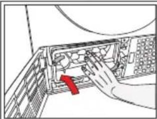 Diagram of a computer tower with a hand inserting a component, showing internal layout and a red arrow indicating a specific area; no text or symbols present.