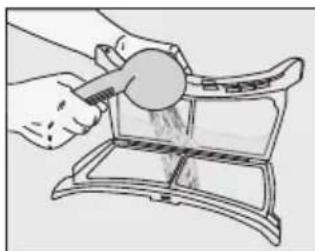 Illustration of a hand using a tool to clean or store items on a tray (no text or symbols visible).