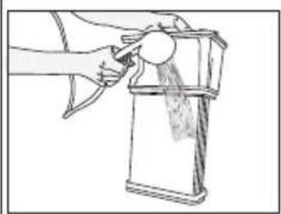 Line drawing of a hand pouring liquid into a container; no text or symbols.