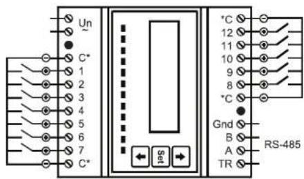 Un ~ C* 1 2 3 4 5 6 7 C* + - S6 + - °C 12 11 10 9 8 °C Gnd B A TR RS-485