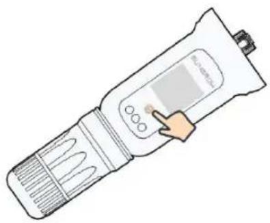 Illustration of a handheld digital thermometer with a hand pointing to the screen (no text or symbols visible)