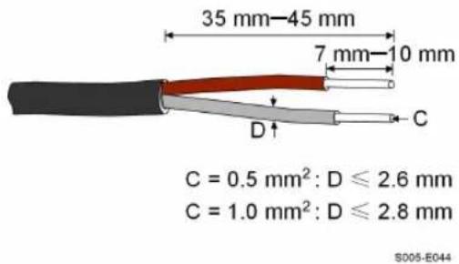 35 mm-45 mm 7 mm-10 mm C D C = 0.5 mm²: D ≤ 2.6 mm C = 1.0 mm²: D ≤ 2.8 mm S005-E044