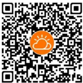 QR code with an orange circular logo containing a sun and lightning symbol in the center.