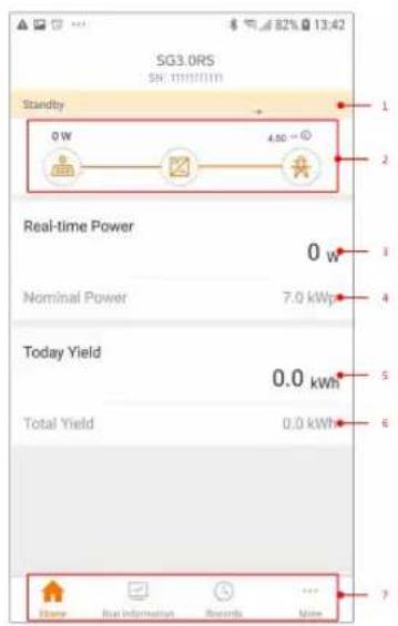 SG3.0RS SN: 111111111 Standby 0 W 4.00 ~ ① Real-time Power Nominal Power 0 W 7.0 kW Today Yield 0.0 kWh Total Yield 0.0 kWh Home Real Information Records None