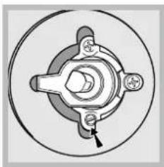 Mechanical component diagram showing a central hub with four surrounding holes and a bolt, enclosed in a circular housing (no text or symbols).