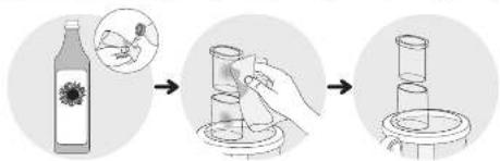 Diagram illustrating a step-by-step procedure for adding a substance from a bottle, with magnified views showing the process.