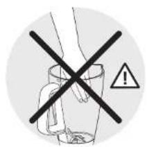 Warning symbol showing a hand holding a mug with a crossed-out black cross and an exclamation mark