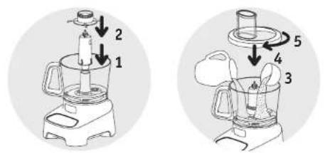 Diagram showing two steps of a blender with labeled parts, including a handle and lid assembly.
