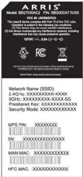 ARRIS® Model: SBG7500AC2 PAN: SBG00DA7 76/30B FCC ID: UDS887501 This class B device complies with Part 10 of the FCC rules. Operation is subject to the following two conditions: (1) This device may not cause harmful interference; (2) His device must accept any interference received, including interference that may cause undeared operation. 12VDC .... 2.5A ⬆—€—⊕ USS PIN: info@www.aee.com/monday.com/ other personal printing ©ARRIS 2017 All rights reserved. Made on China. Need help: www.able.com/eccs/senior/ Network Name (SSID): 2.4GHz:XXXXXXXX-XXXXX 5GHz:XXXXXXXX-XXXX-5G Preshared Key:XXXXXXXXXXXX Security Mode:XXXXXXXXXXXX WPS PIN:XXXXXXXX SN:XXXXXXXXXXXXX WAN MAC:XXXXXXXXXXXX HFC MAC:XXXXXXXXXX