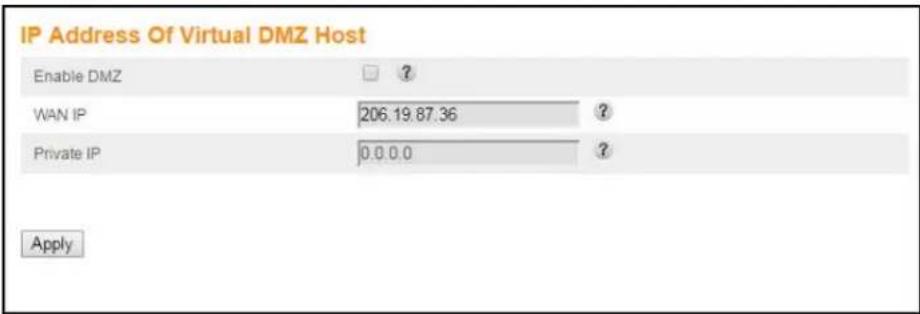 IP Address Of Virtual DMZ Host Enable DMZ ? ? WAN IP 206.19.87.36 ? Private IP 0.0.0.0 ?
