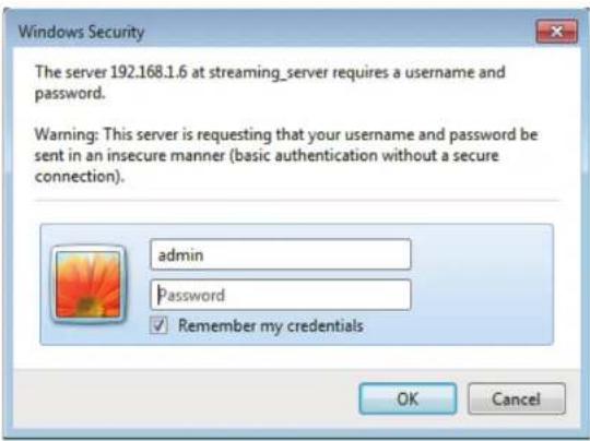 Windows Security. The server 192.168.1.6 at streaming_server requires a username and password. Warning: This server is requesting that your username and password be sent in an insecure manner (basic authentication without a secure connection). admin, Password, Remember my credentials. OK, Cancel.