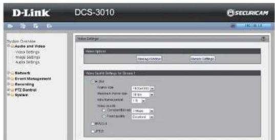 D-Link DCS-3010 SECURICAM System Overview: Audio and Video, Video Settings, Image Settings, Audio Settings, Networks, Event Management, Recording, PTZ Control, Systems. Video Settings: Video Options, Audio & Video, Video Settings for Series 1, USB. Wire name: 150x1200. Wire format size: 4.5%. Wire t…