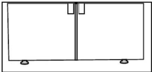 Simple line drawing of a two-panel cabinet or enclosure with mounting feet (no text or symbols).