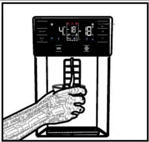 Line drawing of a hand pressing down on a digital air conditioner unit (no text or symbols)