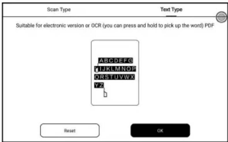 Scan Type Text Type Suitable for electronic version or OCR (you can press and hold to pick up the word) PDF ABCDEFGHIJKLMNOPQRSTUVWXYZ Reset OK