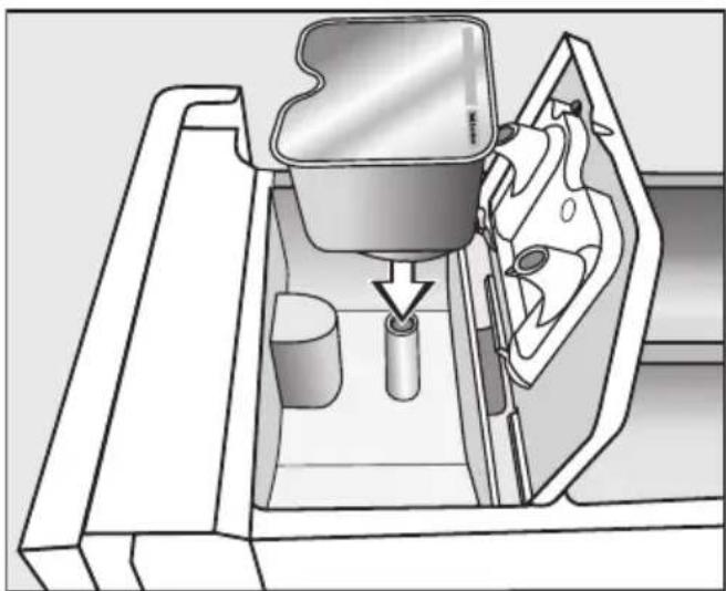 Technical line drawing of a mechanical device with internal components and a downward arrow indicating motion (no text or symbols)