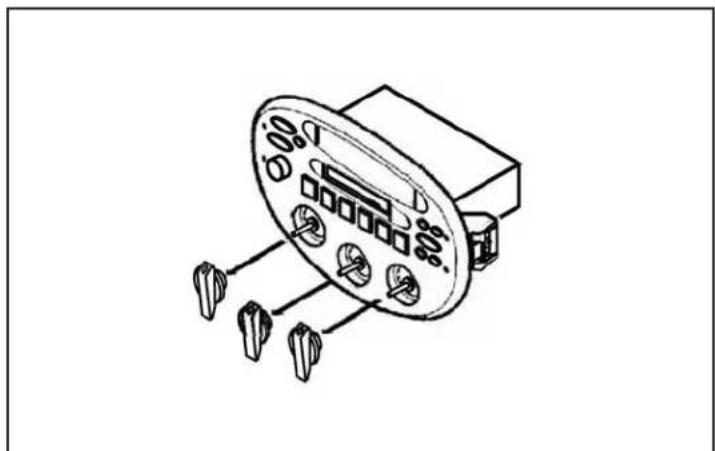 Line drawing of a mechanical control panel with three buttons and a central display (no text or symbols)