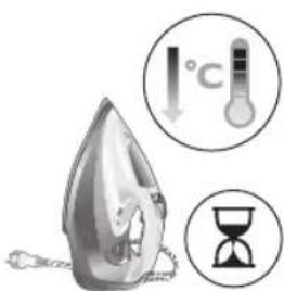 Illustration of an iron frying pan with temperature and hourglass symbols indicating heating conditions.