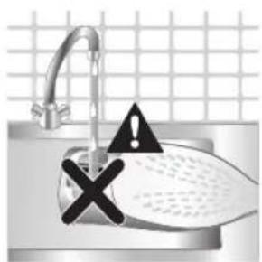 Safety warning symbol on a sink with incorrect and correct signs, indicating no need for cleaning or repair.