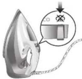 Illustration of a steam iron with a magnified inset showing a drop labeled 'CO' and a box inside.
