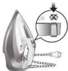 Diagram showing a steam iron with a magnified inset illustrating the process of iron ore inspection or usage.