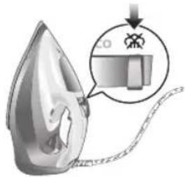 Diagram showing a steam iron being processed with a magnified view of the iron inside, indicating a step to process or damage.