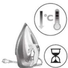 Illustration showing a steaming iron with temperature and hourglass symbols indicating thermal conditions.
