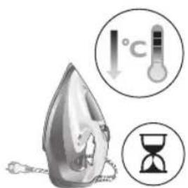 Illustration of a steam iron with temperature and hourglass symbols indicating heating conditions
