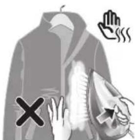 Diagram illustrating hand protection symbols with a coat, crossed hands, and a warning sign with an arrow