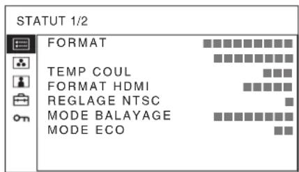 STATUT 1/2 : FORMAT, TEMPÉRATURE DE COULEUR, FORMAT HDMI, RÉGLAGE NTSC, MODE DE BALAYAGE, MODE ÉCO.