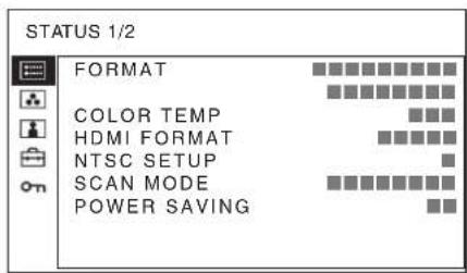 STATUT 1/2 : FORMAT, TEMPÉRATURE DE COULEUR, FORMAT HDMI, RÉGLAGE NTSC, MODE DE BALAYAGE, ÉCONOMIE D'ÉNERGIE.