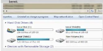 Properties Uninstall or change a program Map network drive Open Control Panel Hard Disk Drives (4) Local Disk (C) 126 GB free of 125 GB Local Disk(L) 7.2 GB free of 75.2 GB Local Disk(D) 83.2 GB free of 125 GB New Volume (H) 465 GB free of 465 GB Devices with Removable Storage (2)