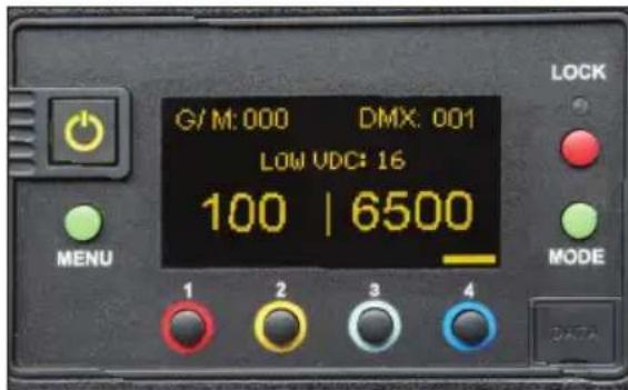 G/M:000 DMX: 001 LOW VDC: 16 100 | 6500 MENU MODE