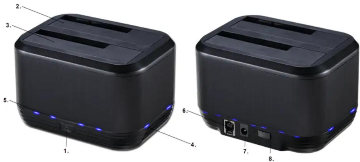 Diagram of two black rectangular devices with numbered labels pointing to ports and internal components.