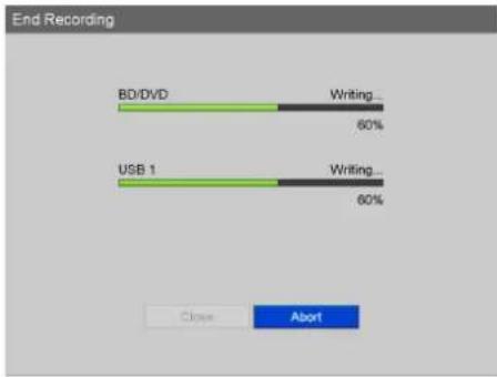 End Recording. BD/DVD. Writing... 60%. USB 1. Writing... 60%. Close Abort.