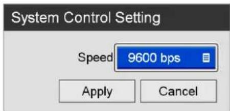 System Control Setting. Speed 9600 bps. Apply Cancel.