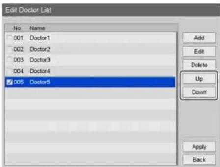 Edit Doctor List: No, Name; 001 Doctor1, 002 Doctor2, 003 Doctor3, 004 Doctor4, 005 Doctor5; Add, Edit, Delete, Up, Down, Apply, Back