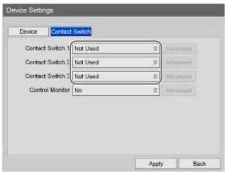 Device Settings. Device: Contact Switch. Contact Switch 1: Not Used (Advanced). Contact Switch 2: Not Used (Advanced). Contact Switch 3: Not Used (Advanced). Control Monitor: No (Advanced). Apply, Back.
