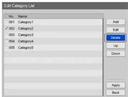 Edit Category List No. Name 001 Category1 ✓ 002 Category2 003 Category3 004 Category4 005 Category5 Add Edit Delete Up Down Apply Back