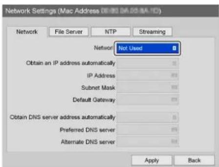 Network Settings (Mac Address DA-03/DA-10) Network File Server NTP Streaming Network Not Used Obtain an IP address automatically IP Address Subnet Mask Default Gateway Obtain DNS server address automatically Preferred DNS server Alternate DNS server Apply Back