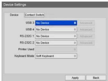 Device Settings Device Contact Switch USB 3 No Device B Advanced USB 4 No Device B Advanced RS-232C 1 No Device B Advanced RS-232C 2 No Device B Advanced Printer Used B Advanced Keyboard Mode Soft Keyboard B Advanced Apply Back