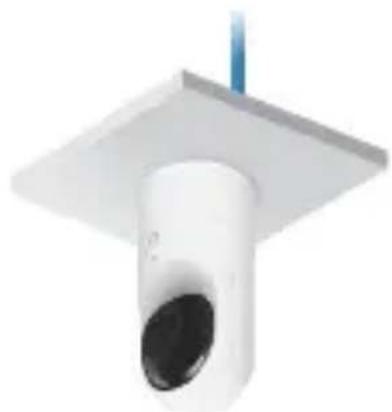 White 3D-rendered camera lens mounted on a flat base, no text or symbols visible
