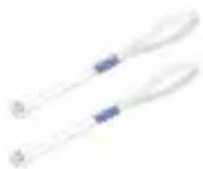 Two white plastic laboratory pipettes with blue bands, no text or symbols visible