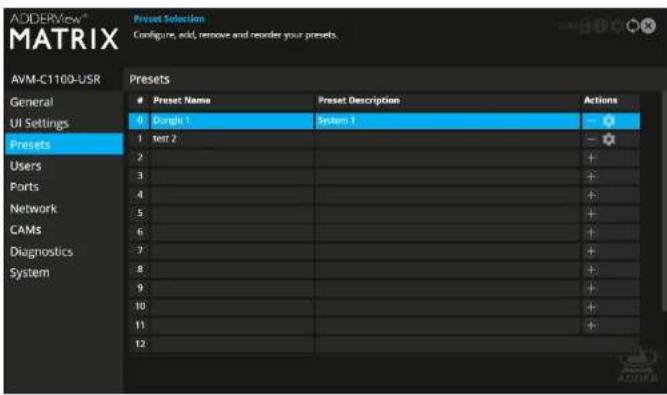 ADDERView® MATRIX Preset Selection Configure, add, remove and render your presets. AVM-C1100-USR Presets General UI Settings Presets Users Ports Network CAMs Diagnostics System Preset Name Preset Description Actions 0 Dungle 1 System 1 1 set 2 2 3 4 5 6 7 8 9 10 11 12