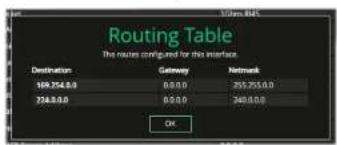 Routing Table The routes configured for the interface. Destination Gateway Network 169.254.0.0 0.0.0.0 355.255.0.0 234.0.0.0 0.0.0.0 240.0.0.0 OK