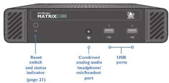 RESET switch and status indicator (page 21) Combined analog audio headphone/ mic/headset port USB ports