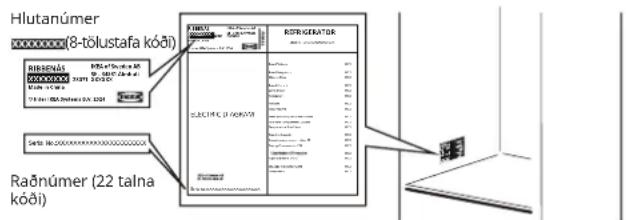 Hlutanúmer (8-tölustafa kóði) RISBENÁS RISBENÁS (8-tölustafa kóði) Raðnúmer (22 talna kóði) ELECTRIC U. SEKÓTATR RESTRIGERATOR RISBENÁS (8-tölustafa kóði) RISBENÁS (8-tölustafa kóði) Raðnúmer (22 talna kóði)