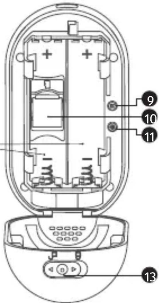 Technical diagram of a device with numbered parts labeled 9, 10, 11, and 13 pointing to internal components.