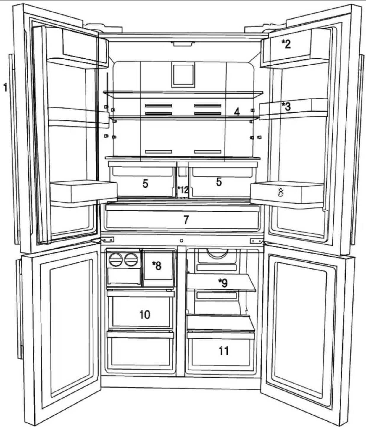 Technical diagram of an open refrigerator with numbered compartments and doors, showing internal compartments and doorways.